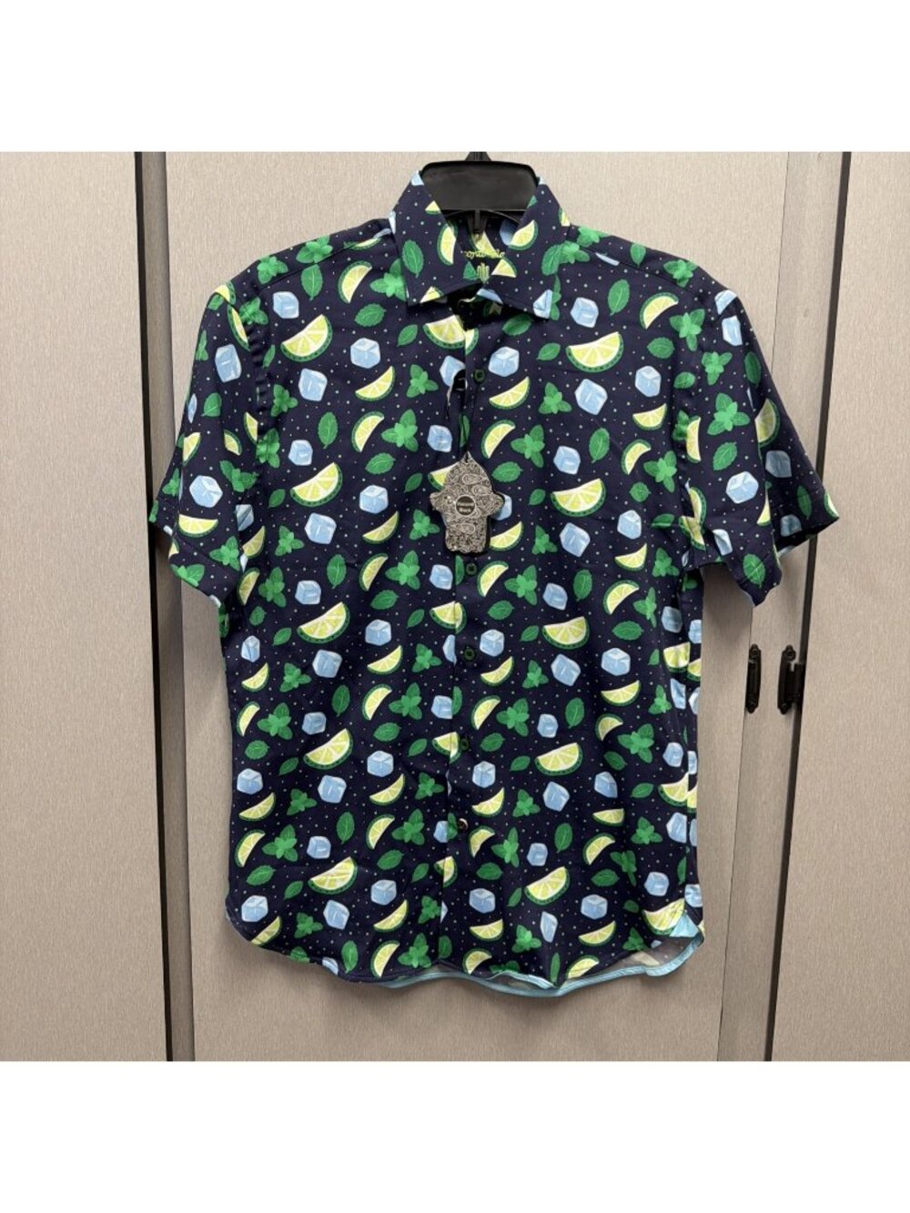 Luchiano Visconti Mens Shirt Small Navy Lime Ice Cube Mint Print Short Sleeve